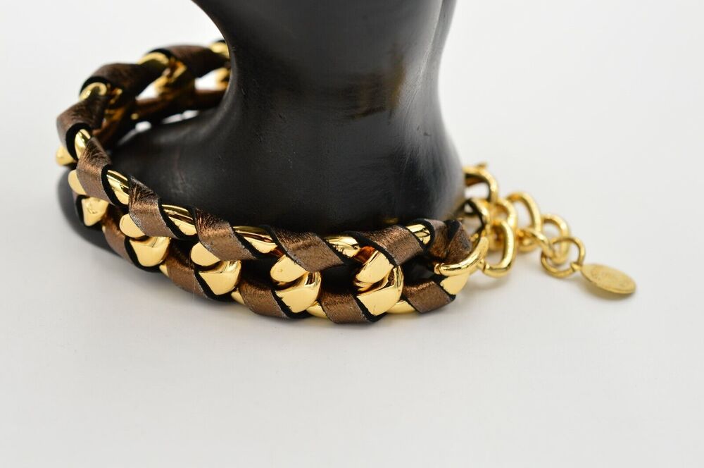 Skinny By Jessica Elliot Bracelet Gold Tone Linked Bronze Leather Signed BinO